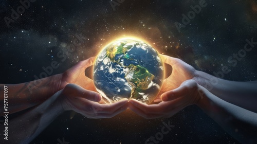 Hands from various skin tones unite to hold a glowing Earth against the cosmos, symbolizing worldwide unity in environmental care.