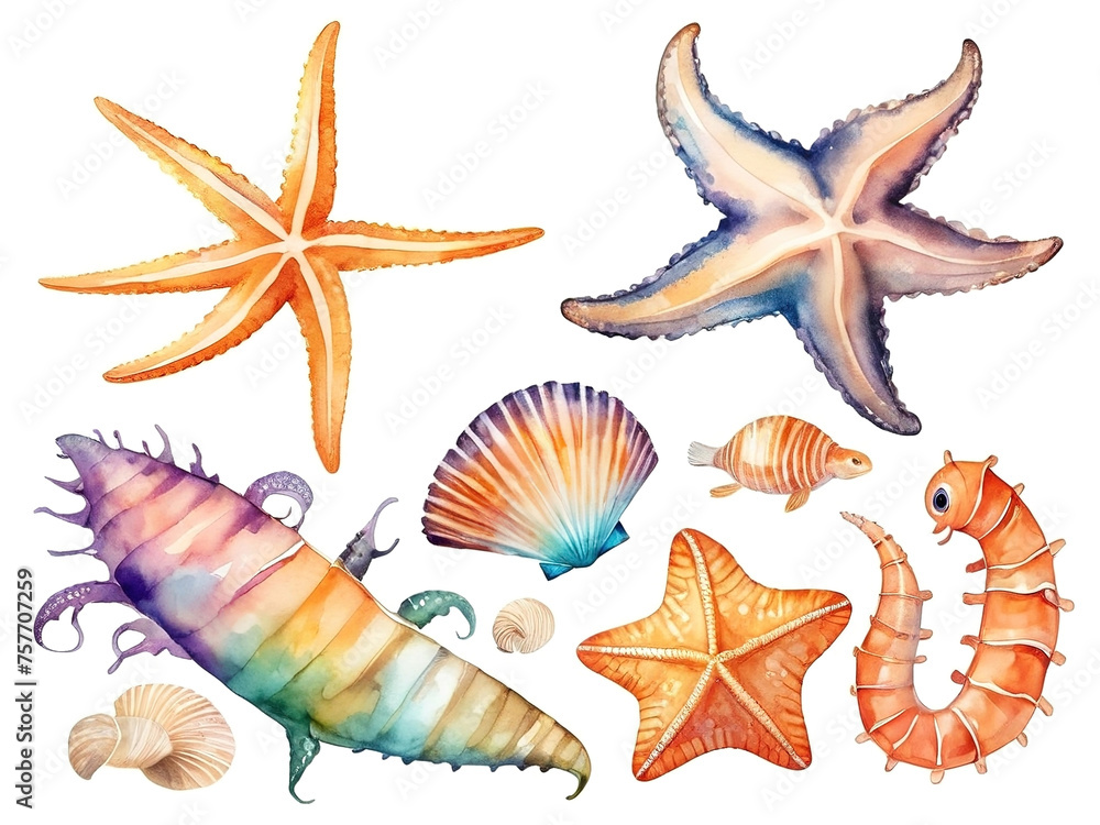 Watercolor set of seashells and starfish. Hand drawn illustration