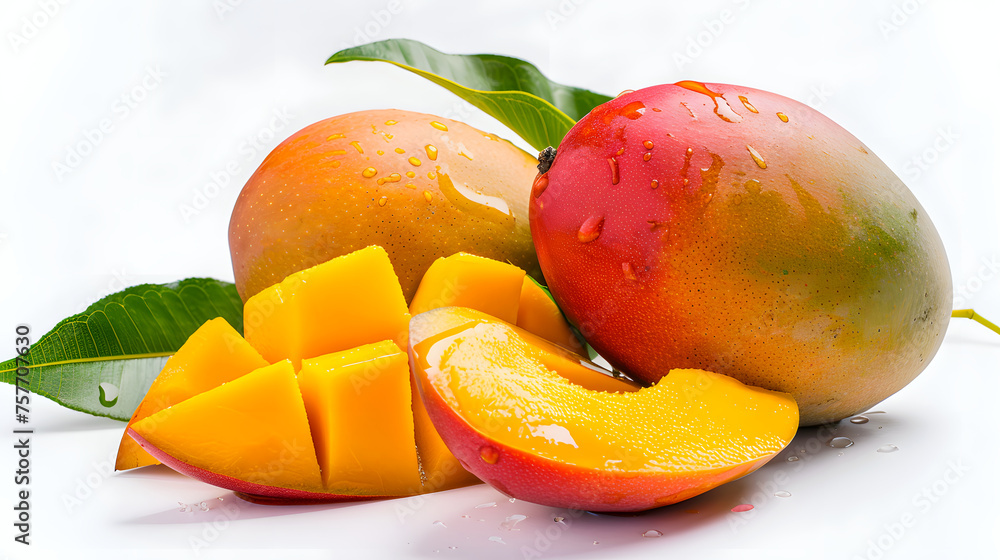 Two ripe mangoes and one-half mango with leaves on a white background in display style. - obrazy, fototapety, plakaty 