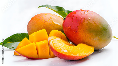 Two ripe mangoes and one-half mango with leaves on a white background in display style. photo