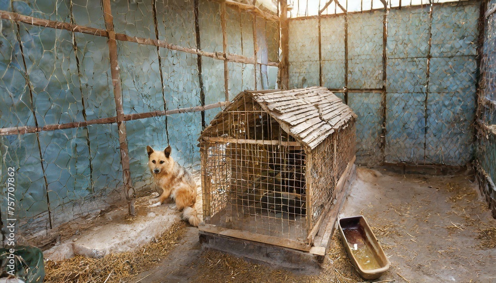 Stray homeless dog in animal shelter cage with a sad abandoned hungry ...