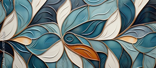 An artistic illustration of cartoon leaves in electric blue and azure colors  resembling a stained glass painting. The intricate pattern showcases the beauty of nature in a unique art form