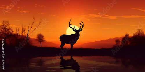silhouette of a bird  A deer in a sunset with the sun behind it  Deer silhouette at sunset  Generative AI