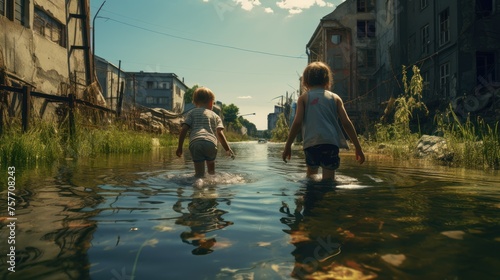 Children play in a polluted canal. Risk of infection. #757708243