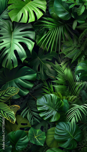 Generative AI image tropical plants  dark green leaves  monstera  A lush green tropical rainforest with various leaves  such as monstera and ferns