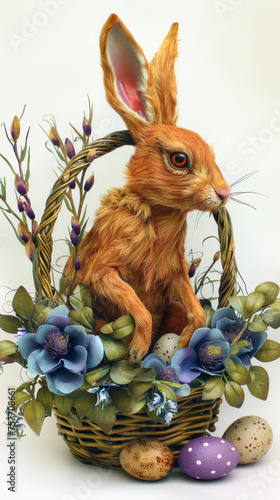 bunny in a basket with beautiful blue flowers and eggs easter