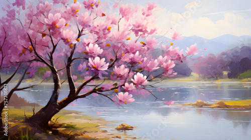 A tranquil landscape showcasing a cherry blossom tree in full bloom by a calm lake with distant mountains