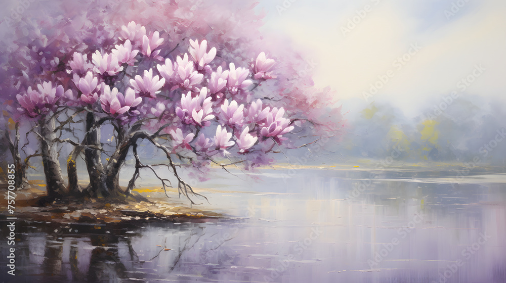 A tranquil landscape showcasing a cherry blossom tree in full bloom by a calm lake with distant mountains A tranquil landscape showcasing a cherry blossom tree in full bloom by a calm lake with distant mountains