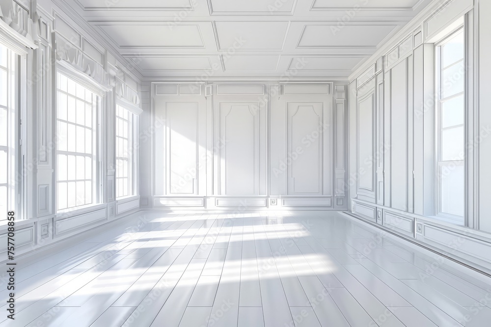 A room with white walls and windows, devoid of any furniture or decorations A room with white walls and windows, devoid of any furniture or decorations