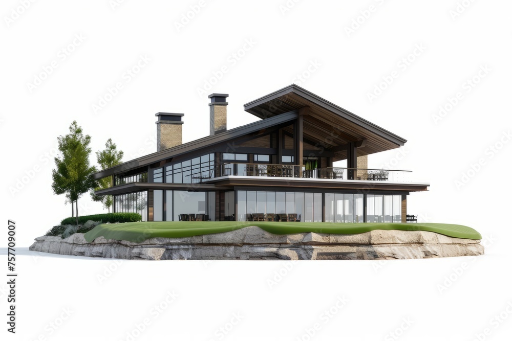 3D Render of a golf course clubhouse with a pro shop and outdoor terrace overlooking the course, on isolated white background, Generative AI