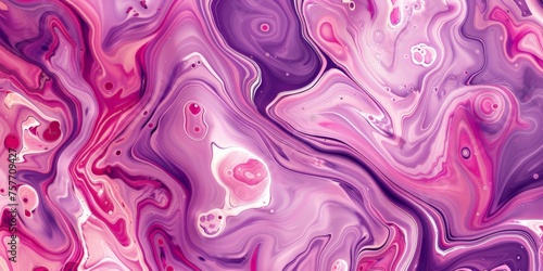 A detailed close-up of a dynamic fluid painting featuring swirls of vibrant purple and pink colors blending together
