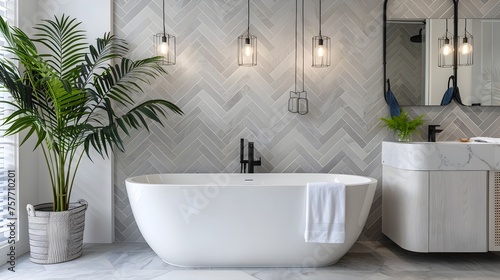 Elegant Bathroom with Herringbone Tiles  Marble Accents  and Potted Greenery