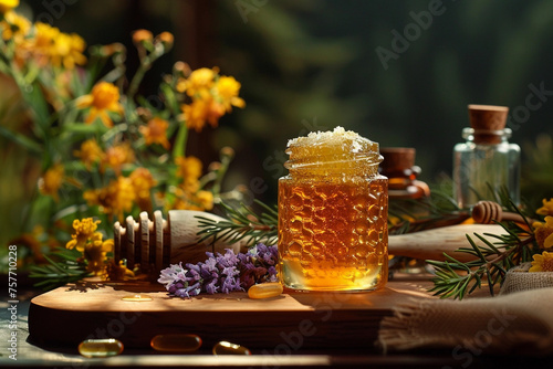 Illustration of traditional honey, unusual bright color natural honey, in the style of a romantic atmosphere, in a rustic style. With an unusual background. Very beautiful and appetizing. Realism. photo