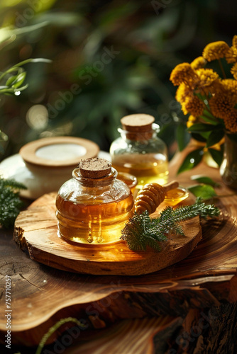 Illustration of traditional honey  unusual bright color natural honey  in the style of a romantic atmosphere  in a rustic style. With an unusual background. Very beautiful and appetizing. Realism.