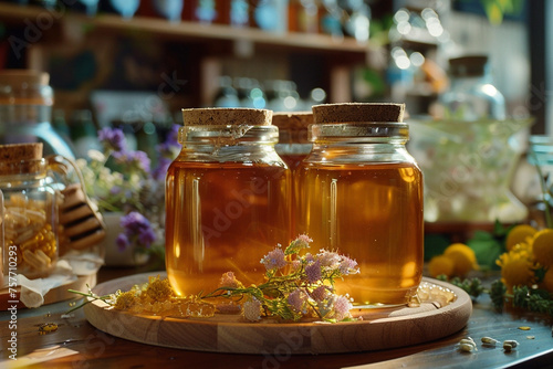 Illustration of traditional honey, unusual bright color natural honey, in the style of a romantic atmosphere, in a rustic style. With an unusual background. Very beautiful and appetizing. Realism. photo