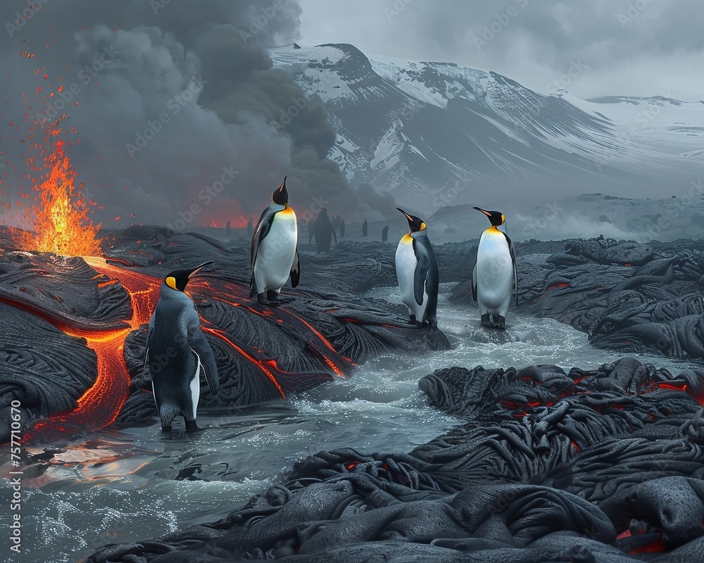 Near lava flows penguins find an unlikely home - obrazy, fototapety, plakaty 