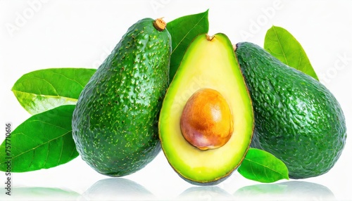 branch with fresh green leaves many Avocado with cut in half isolated on white background. 