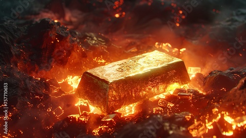 Dramatic scene of a lost gold bar amidst a fiery abyss