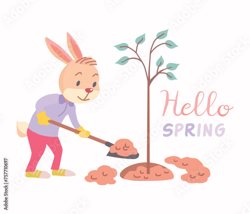 Rabbit planting tree in spring vector illustration