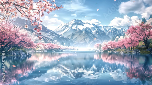 Serene lake reflecting the surrounding mountains, A blooming che