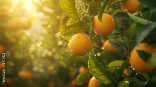Sunlit orange orchard, ripe citrus fruits dangle amidst lush leaves, embodying the essence of summer.