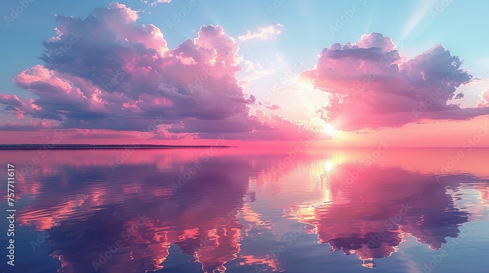 Soft clouds in shades of pink and lavender are mirrored in the still waters of the lake creating a picturesque sunset scene - obrazy, fototapety, plakaty 