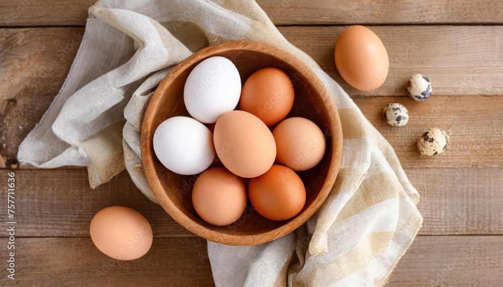 Chicken eggs of different brown and beige shades in a large wooden bowl on a wooden table Chicken eggs of different brown and beige shades in a large wooden bowl on a wooden table