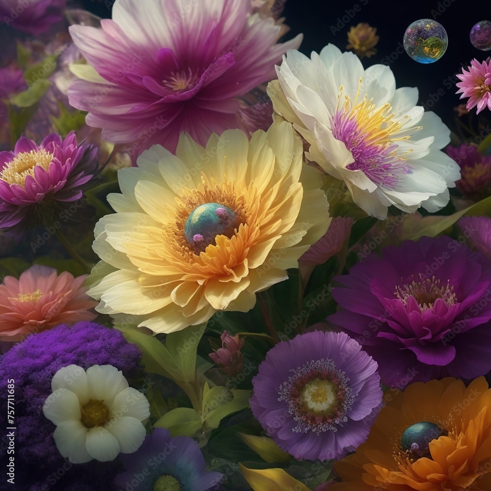Obraz premium Close-up, beautiful pink, white and yellow flowers with other colors