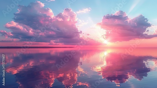 Soft clouds in shades of pink and lavender are mirrored in the still waters of the lake creating a picturesque sunset scene photo
