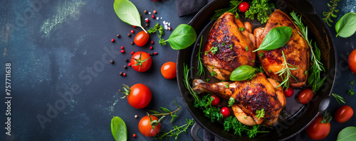 Succulent roasted chicken halves garnished with vibrant herbs and cherry tomatoes, presented in a cast iron skillet on a dark surface