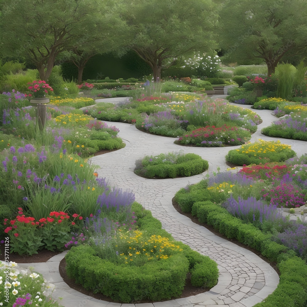 Obraz premium The scene should exude tranquility A combination of meticulously arranged flower beds and meandering