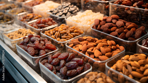 A variety of nuts and dried fruits neatly arranged in a market display.
