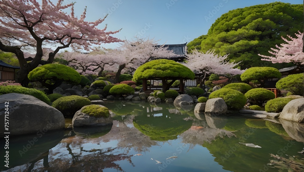 A serene Japanese garden with cherry blossoms in full bloom and a koi pond A serene Japanese garden with cherry blossoms in full bloom and a koi pond