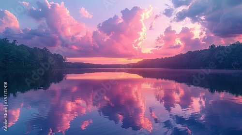 Soft clouds in shades of pink and lavender are mirrored in the still waters of the lake creating a picturesque sunset scene