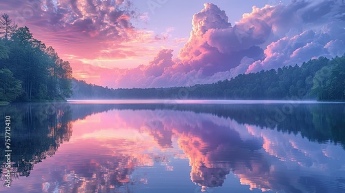 Soft clouds in shades of pink and lavender are mirrored in the still waters of the lake creating a picturesque sunset scene © Jennifer