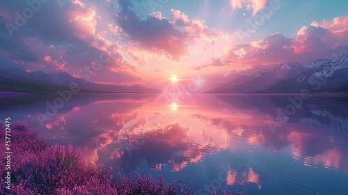 Soft clouds in shades of pink and lavender are mirrored in the still waters of the lake creating a picturesque sunset scene