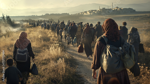 News journalism: refugees with children walking along a road beside fields, dust swirling amidst scorched grass, in the distance, a city with mosque towers, depicting the aftermath of war. #757712484