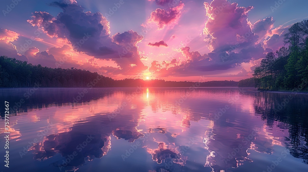 Soft clouds in shades of pink and lavender are mirrored in the still waters of the lake creating a picturesque sunset scene