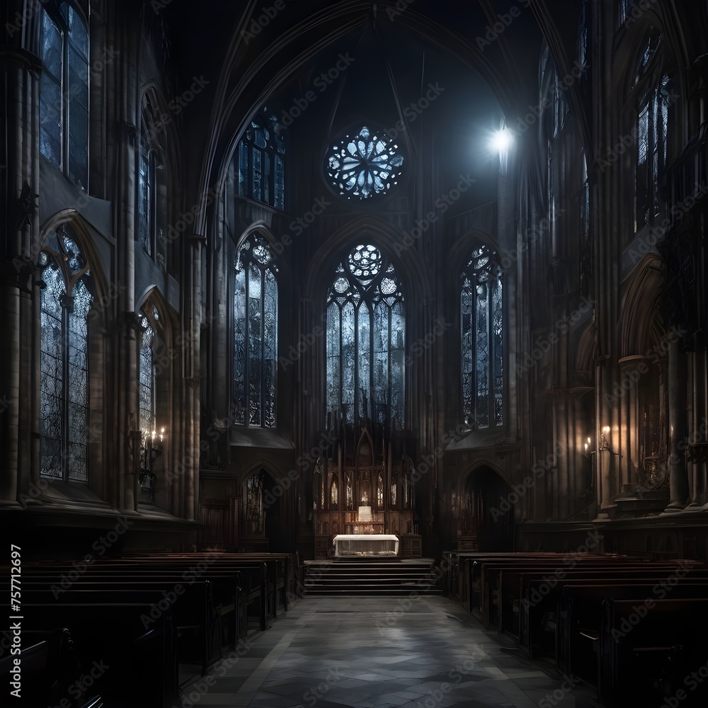 A gothic cathedral bathed in eerie moonlight