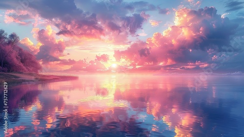 Soft clouds in shades of pink and lavender are mirrored in the still waters of the lake creating a picturesque sunset scene © Jennifer