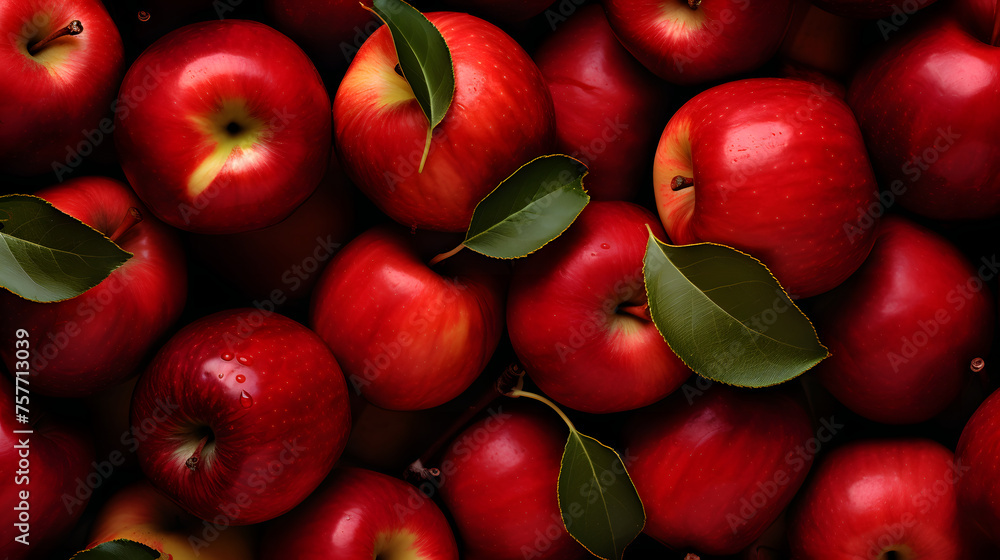 A vibrant collection of red apples, accompanied by fresh green leaves. - obrazy, fototapety, plakaty 
