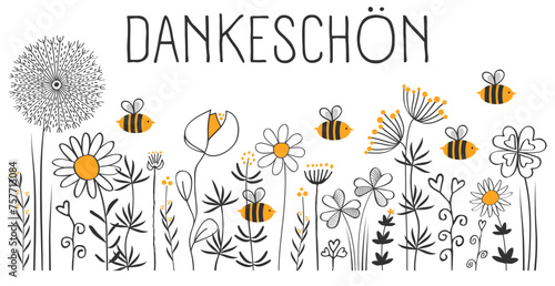 Dankeschön - deutscher Text mit hübscher Blumenwiese und Bienen, zum Danke sagen, Grußkarte. Vorlage Vektor Illustration