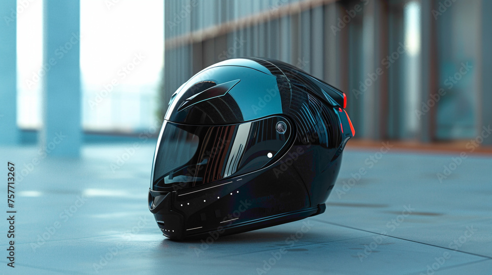 Fototapeta premium Black motorcycle helmet rests outdoors with a sleek design for safety and riding.