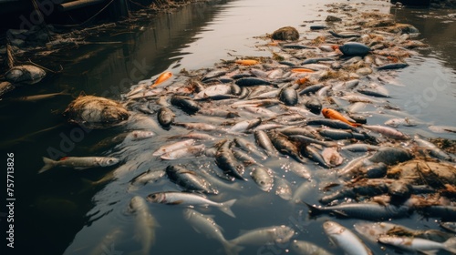 Dead fish in the canal represents the impact of wastewater on the ecosystem. photo