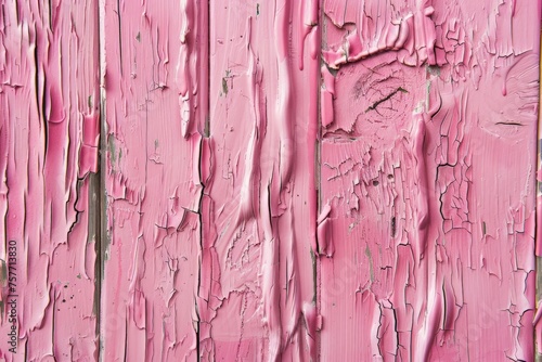 Detailed close-up of pink paint applied on a textured wooden wall, showcasing brush strokes and grain of the wood