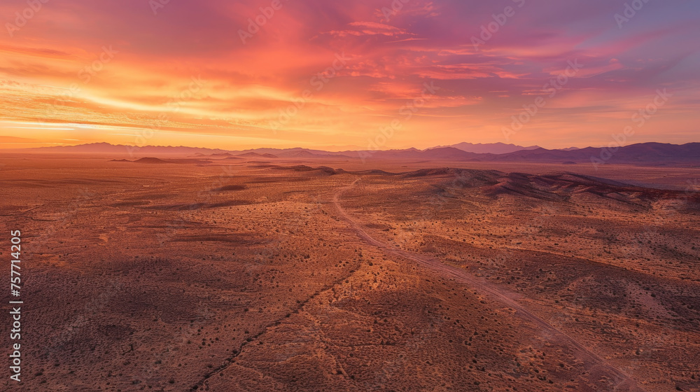 An aerial view of a vast desert at sunset, the landscape bathed in twilight light creating a serene and majestic atmosphere.