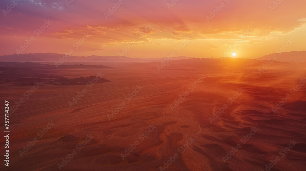 An aerial view of a vast desert at sunset, the landscape bathed in twilight light creating a serene and majestic atmosphere. An aerial view of a vast desert at sunset, the landscape bathed in twilight light creating a serene and majestic atmosphere.