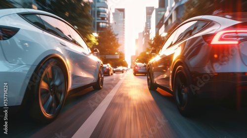 Electric cars running on the road Represents technology, the environment, clean energy and sustainability.