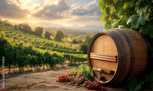Wooden wine barrel on a background with vineyards. photo