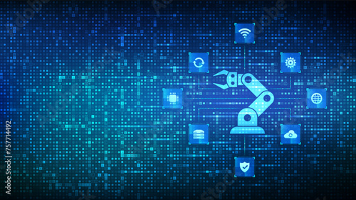 Smart Industry 4.0 icon made with binary code. Factory automation. Autonomous industrial technology icons connections. Industrial revolutions steps. Binary code background with digits 1.0. Vector.